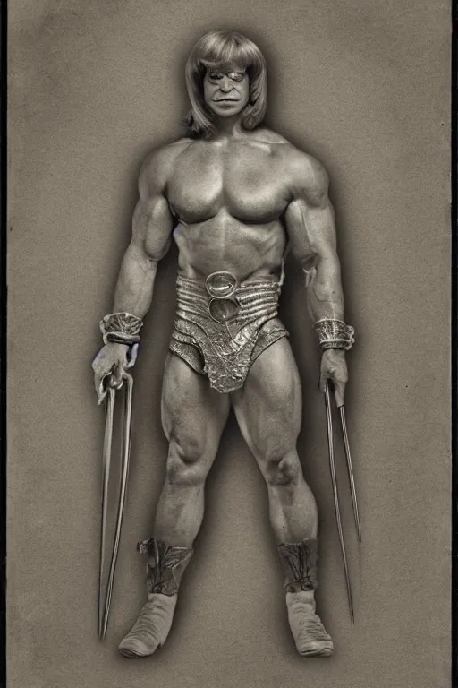 Prompt: he - man, portrait, full body, symmetrical features, silver iodide, 1 8 8 0 photograph, sepia tone, aged paper, master prime lenses, cinematic