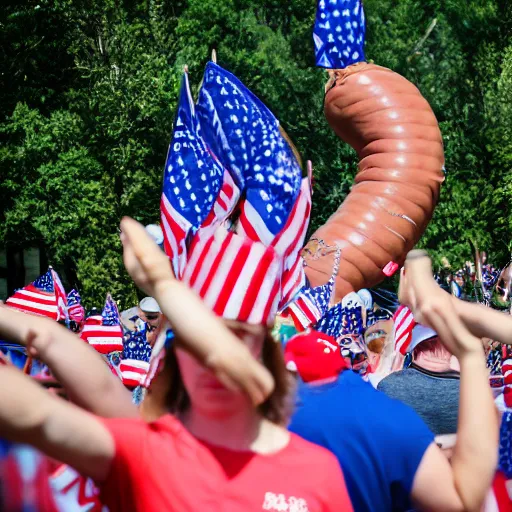 Image similar to maga supporters worshipping a sausage, canon eos r 3, f / 1. 4, iso 2 0 0, 1 / 1 6 0 s, 8 k, raw, unedited, symmetrical balance, full shot