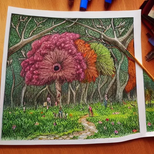 Image similar to Colored pencil art on paper, highly detailed, artstation, People, Plants and Trees, Animals, Magical Creatures, buildings, scenery, enchanted landscapes, PrismaColor