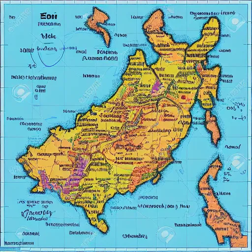 Prompt: isometric view of mainland southeast asia, geographic map, zoom in thailand burma laos vietnam and cambodia, high - detail, high accuracy, in style of old map, fantasy,