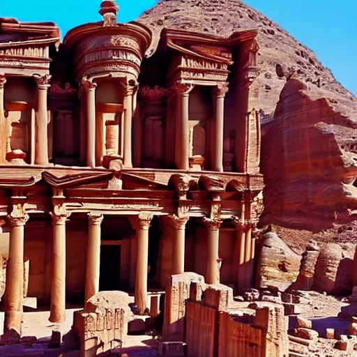 Prompt: the temple of petra with columns carved as anime characters