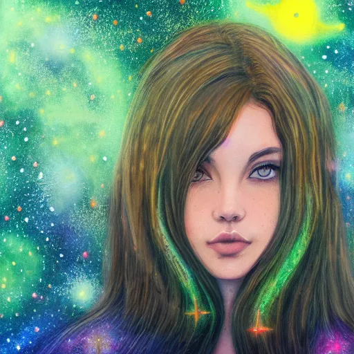 Prompt: an hd photo of a young woman with brown hair, green eyes, beautiful trees in the background, night sky with multicolor stars and galaxies, trending on artstation