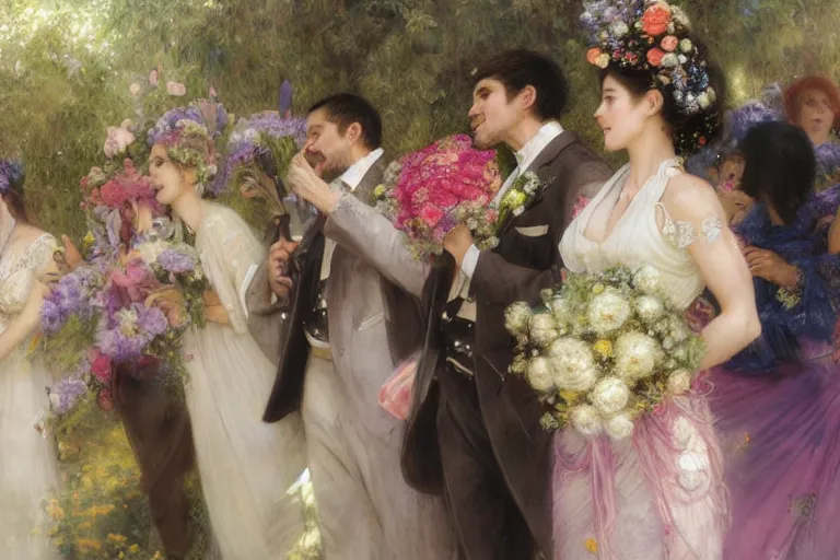 Image similar to the groom look at the bride at a wedding full of flowers, bright and happy, dreamlike art, highly detail, 4 k realistic, wedding photoy krenz cushart, artem demura, yoji shinkawa artgerm, jon lothian, danilo torres. adi meyers. thomas reimann. gaston bussiere.