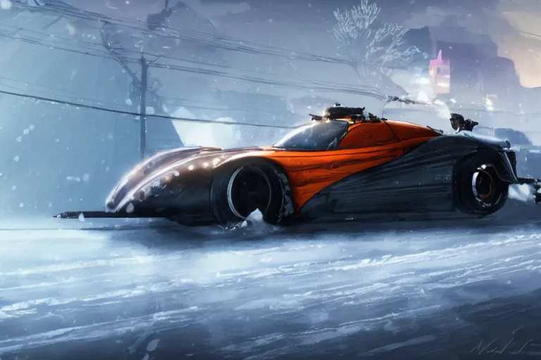 Prompt: dieselpunk mad max mclaren f 1 speeding across a frozen lake in a blizzard by makoto shinkai, ilya kuvshinov, lois van baarle, rossdraws, basquiat