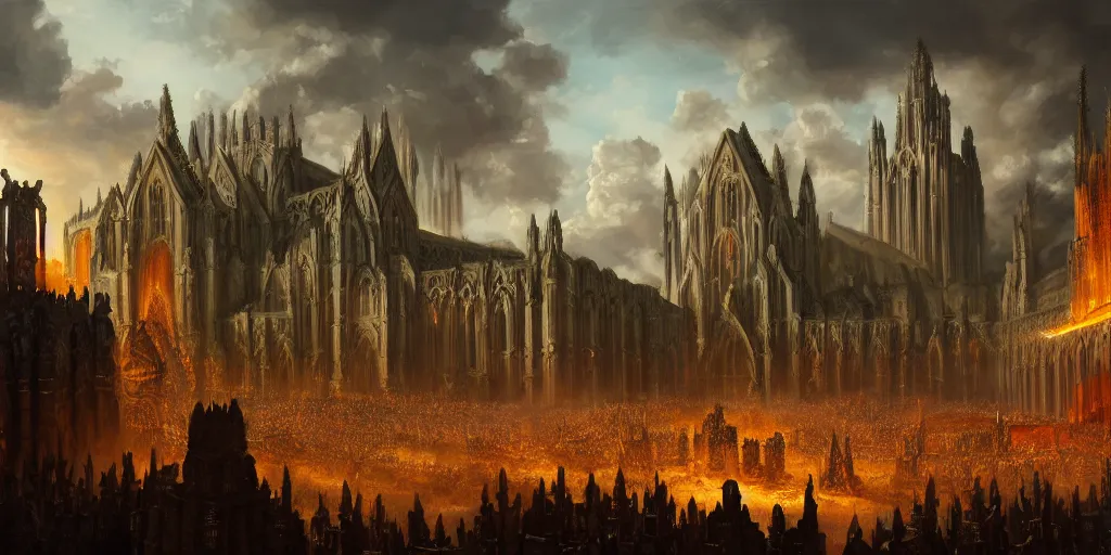 Image similar to highly detailed portrait painting of an ancient gods war battle, abbey warhammer battle, old abbey in the background, character in the foreground, cathedrals, giant columns, arcane magic summoning by liang xing, 8 k resolution