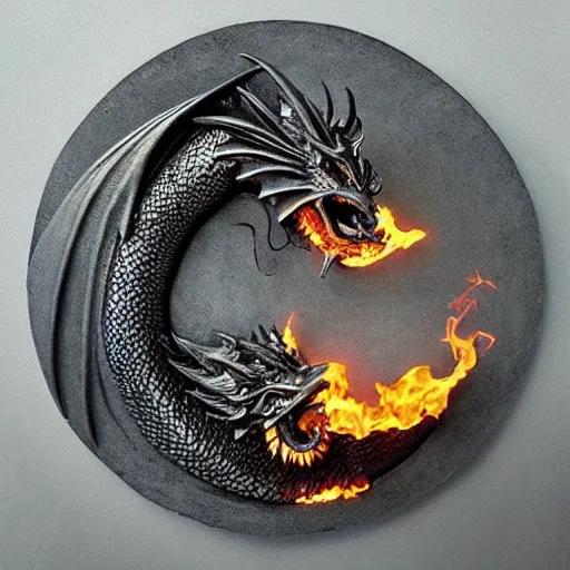 Prompt: “fire breathing dragon, sculpture in the round, stone”