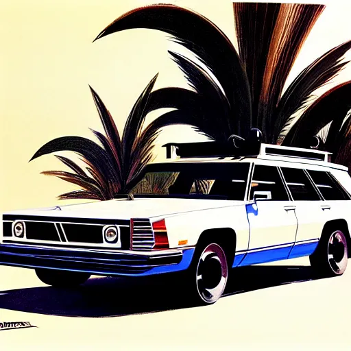 Image similar to concept art for a station wagon covered in mounted guns, painted by syd mead, high quality