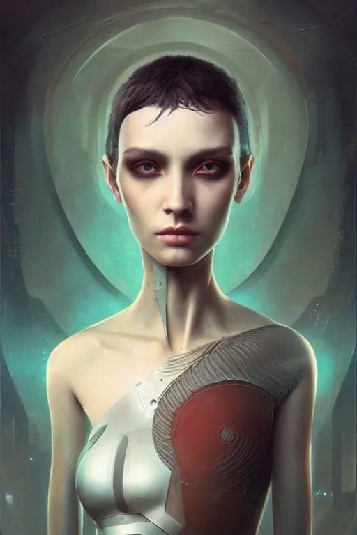 Prompt: a beautiful portrait of a cyberpunk female, detailed, realistic eyes, symmetry body features proportions, award winning, by Tom Bagshaw