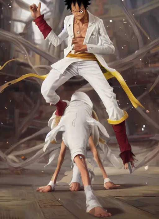 Image similar to a professional render of luffy wearing a white suit, calm face, concept art, sharp detail, smooth render, art style by Ruan Jia and Mandy Jurgens and Ian Spriggs and William-Adolphe Bouguerea