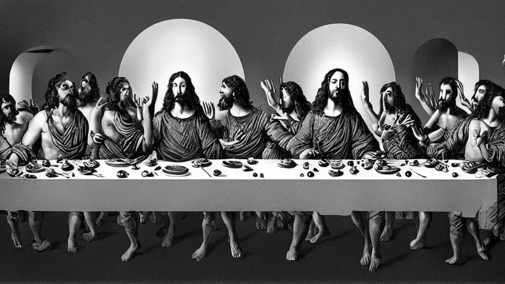 Image similar to the newest masterpiece of salvador dali inspired by dan hillier, it is called ; the last supper