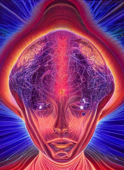 Image similar to ai transcendence into collaborative intelligence, connectedness, body, by alex grey, album cover, award winning, beautiful, colorful, volumetric lighting, trending on artstation