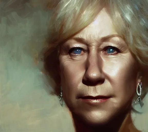 Prompt: a hyper-detailed photograph of Helen Mirren by Craig Mullins; oil on canvas; trending on artstation