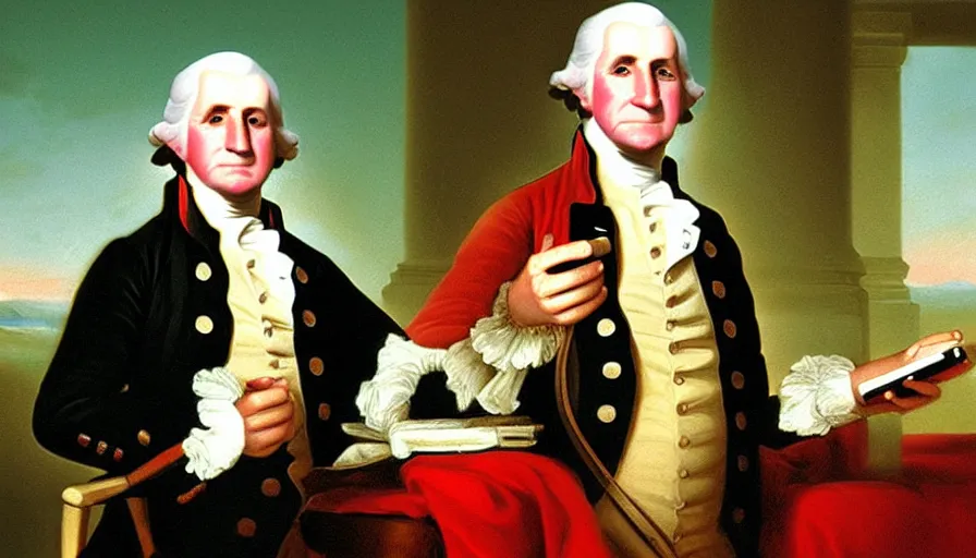 Prompt: george washington holding playstation controller! in the style of an oil painting, historical, highly detailed