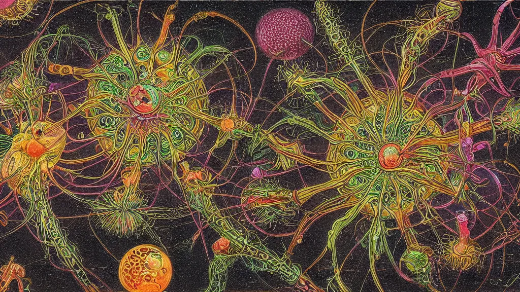 Image similar to quantum connections represented as symbiotic organisms like cells playing around with colorful lights by ernst haeckel, dark