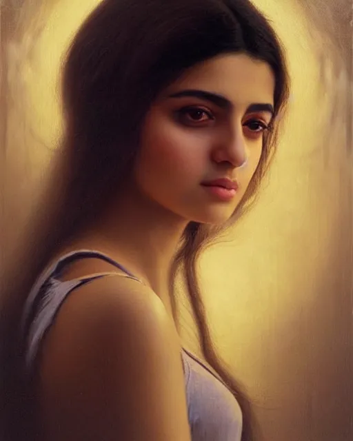 Image similar to a highly realistic, true to life portrait of a beautiful young middle eastern girl, soft focus, from the waist up, with sharp features, a beautiful face, soft smile, under studio lighting, taken with a canon eos camera with 1 3 5 mm focal length, art by karol bak, james jean, tom bagshaw, trending on artstation,