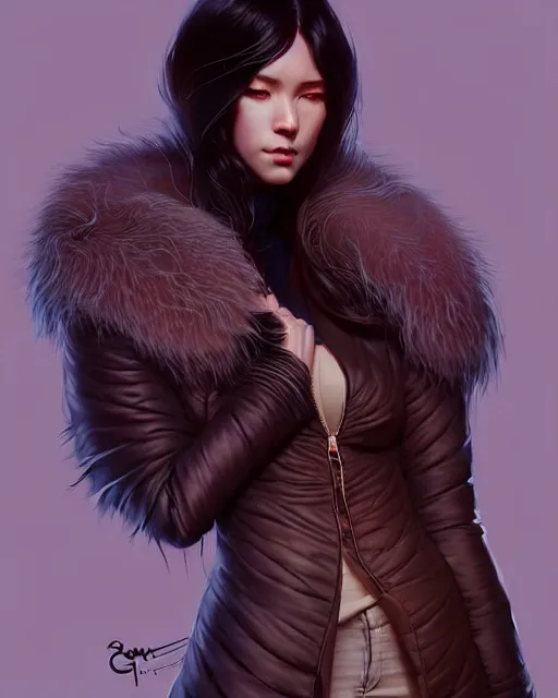 Image similar to fur - lined dragonhide jacket!!! beautiful and elegant female!! gorgeous ayes!! character concept art, sharp focus, illustration, artgerm!! greg rutkowski! wlop!! ilya kuvshinov!! marc brunet!! octane render! unreal engine 5! highly rendered!! trending on artstation!! cgi vfx!