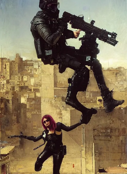 Image similar to maria evades sgt rhodes. Cyberpunk hacker escaping Menacing Cyberpunk police trooper wearing a combat vest. Rainy streets (dystopian, police state, Cyberpunk 2077, bladerunner 2049). Iranian orientalist portrait by john william waterhouse and Edwin Longsden Long and Theodore Ralli and Nasreddine Dinet, oil on canvas. Cinematic, vivid colors, hyper realism, realistic proportions, dramatic lighting, high detail 4k