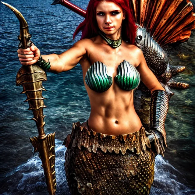 Image similar to armoured mermaid warrior with trident 4 k, hdr, smooth, sharp focus, high resolution, award - winning photo, anne stokes, photorealistic