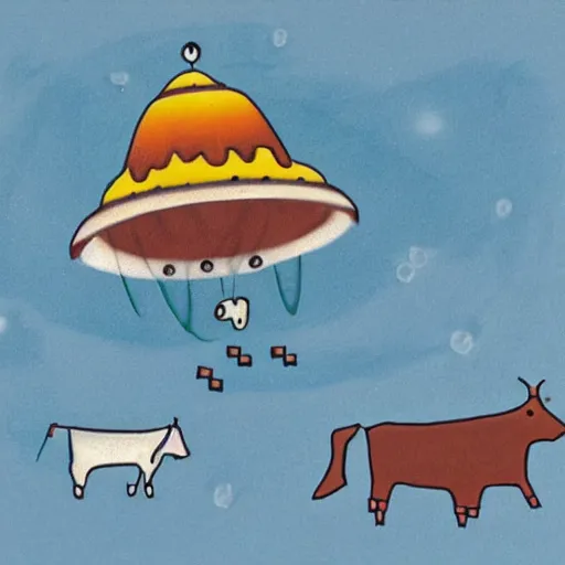 Prompt: A Large UFO Abducting a Cow, Blue Mist, exquisite details