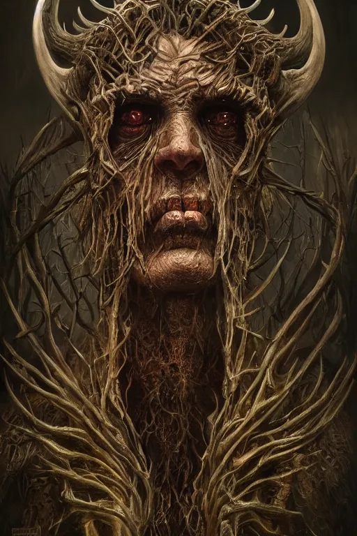 Image similar to very complex hyper-maximalist overdetailed cinematic darkfantasy portrait of a wendigo creature by andrei riabovitchev, tomasz alen kopera, oleksandra shchaslyva. Omnious intricate, octane, Deviantart, hyper detailed illustration, 8k