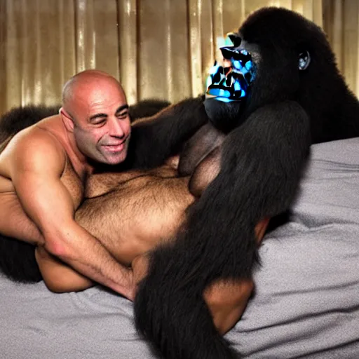 Image similar to joe rogan spooning with a gorilla in a five start hotel, honeymoon photoshoot