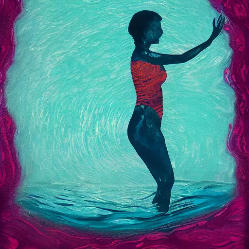 Image similar to underwater beauty silhouette drowning in a turquoise wavy sea, feminine, healing, appeasing, waves, tsunami, she loves another one, mental health, oil painting, by francis bacon, emotional conflict, hd, 8 k, trending on artstation, paradoxal, perfect framing, neo - expressionism, expressive