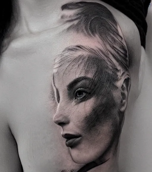 Image similar to double exposure of a beautiful mountain scenery with a beautiful woman face, tattoo design sketch, in the style of matteo pasqualin, hyper - realistic, amazing detail, black and white, faded