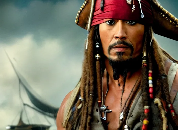 Image similar to film still of dwayne the rock johnson as captain jack sparrow in the new pirates of the carribean movie, 4 k