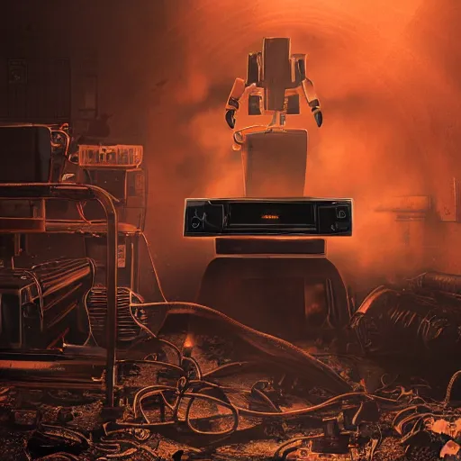 Image similar to toaster oven terminator robot, dark messy smoke - filled cluttered workshop, dark, dramatic lighting, orange tint, sparks, cinematic, highly detailed, sci - fi, futuristic, movie still