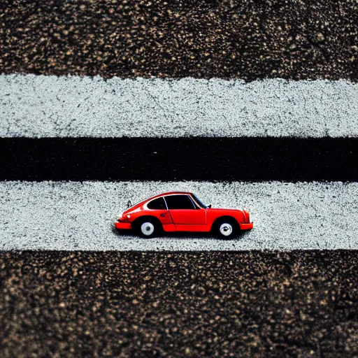 Image similar to close up photo of a small toy porsche 9 1 1 9 6 4 on a road stripe, cinematic, shallow dof, 3 5 mm, 4 k, macro