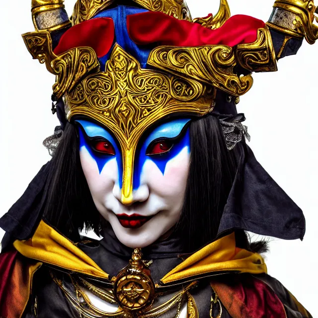 Prompt: female warrior jester with ornate venetian mask, highly detailed, 8 k, hdr, close up, smooth, sharp focus, high resolution, award - winning photo, artgerm