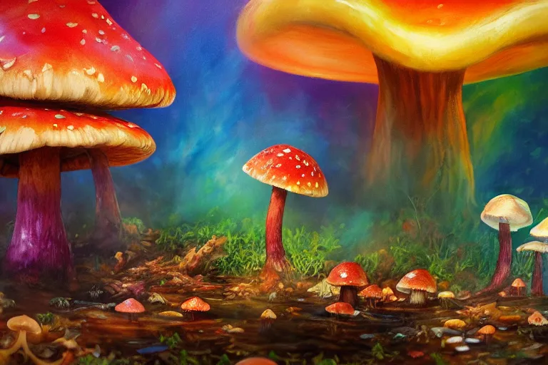 Image similar to highly detailed oil painting of a mushroom lizard in a steaming colorful hotspring, featured on artstation