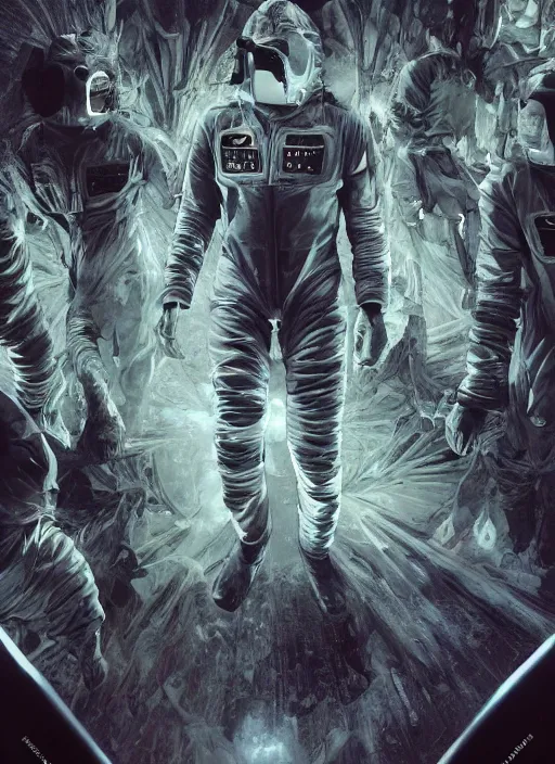 Image similar to astronauts in the dark infinite underwater void - complex and hyperdetailed technical suit, fabric material. reflection and dispersion materials. rays and dispersion of light. volumetric light. wide angle, f / 3 2. noise film photo. flash photography. ultra realistic, wide angle. poster by wayne barlowe, hajime sorayama aaron horkey, craig mullins