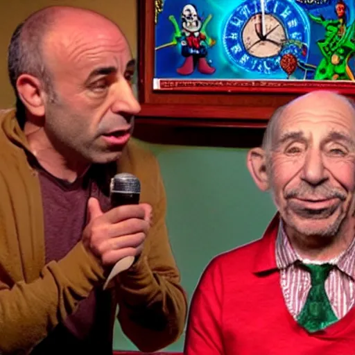 Image similar to Joe Rogan interviewing a psychedelic clock-work Elf, by R. Crumb and Walt Disney