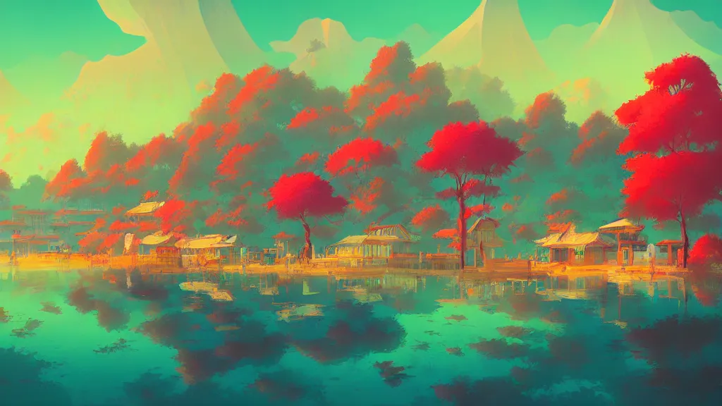 Image similar to japanese village, fruit market, trees, and lake, by anton fadeev