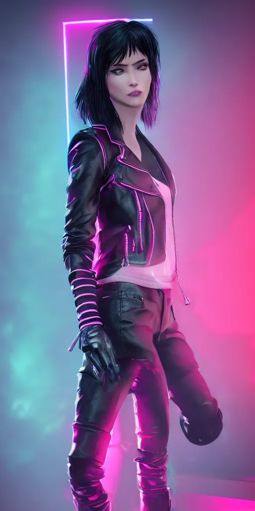 Prompt: a photo of 8k ultra realistic a black haired female rock star in high heels and a black leather jacket, pink and blue neon, cinematic lighting, trending on artstation, 4k, hyperrealistic, focused, extreme details, unreal engine 5, cinematic, masterpiece