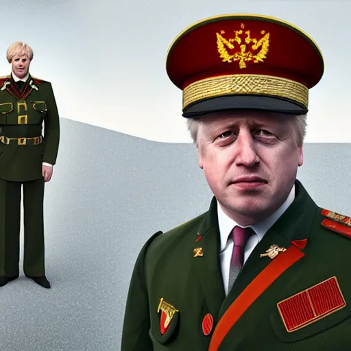 Image similar to boris johnson with ussr military uniform on in kyiv, realistic, long shot, sunny lighting, octane render, gq magazine, hyper realistic, high quality, highly detailed, hd, beautiful, cinematic, 8 k, unreal engine, facial accuracy,