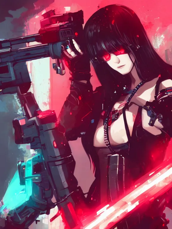 Image similar to a female character with a gun and a red background, cyberpunk art by muqi, featured on pixiv, rayonism, sci - fi, pixiv, official art