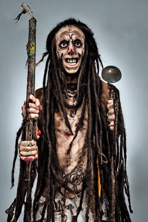 Image similar to a horror shaman with dreadlocks in sacrament of death and destruction