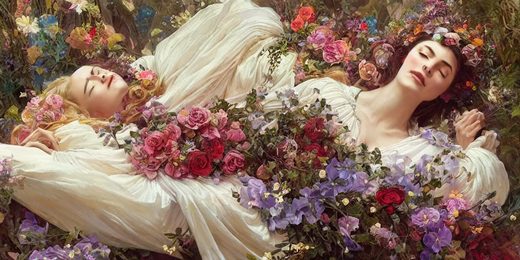 Prompt: mysterious sleeping beauty holding a large bouquet of flowing flowers, sleeping in an elaborate coffin, fantasy, regal, intricate, by stanley artgerm lau, greg rutkowski, thomas kindkade, alphonse mucha, loish, norman rockwell