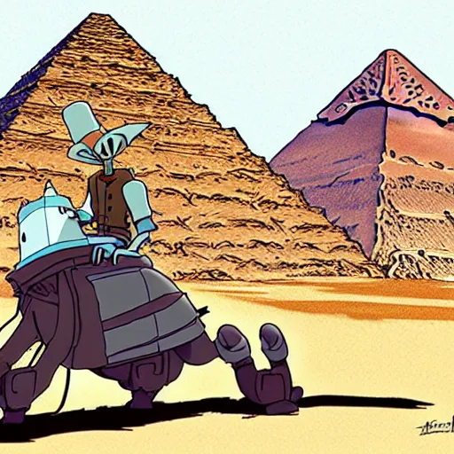 Image similar to a study of cell shaded cartoon of a mechanized grey jackel from howl's moving castle ( 2 0 0 4 ), in front of pyramids on a desert road, full body, wide shot, very muted colors, post grunge, studio ghibli, laurie greasley, highly detailed, deviantart, art by artgem