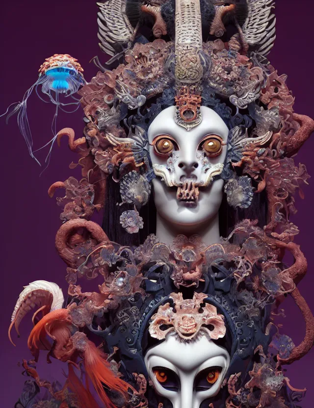 Image similar to 3 d goddess of hell close - up profile portrait with ram skull. beautiful intricately detailed japanese crow kitsune mask and clasical japanese kimono. betta fish, jellyfish phoenix, bio luminescent, plasma, ice, water, wind, creature, artwork by tooth wu and wlop and beeple and greg rutkowski