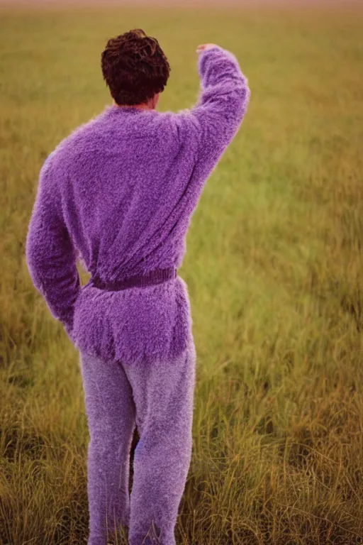 Prompt: kodak ultramax 4 0 0 photograph of a guy dressed in a furry purple sweater standing in a field, back view, grain, faded effect, vintage aesthetic,