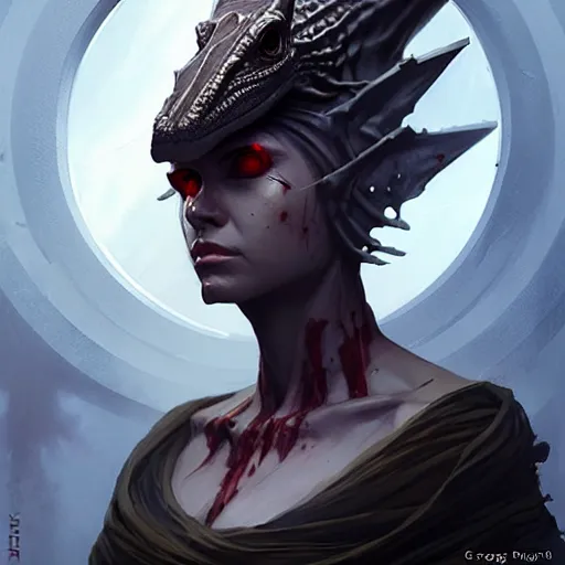 Prompt: lizard priestess, bloody eyes, by greg rutkowski and artgerm, very detailed, sharp focus, magic the gathering, 8 k, intricate, dramatic