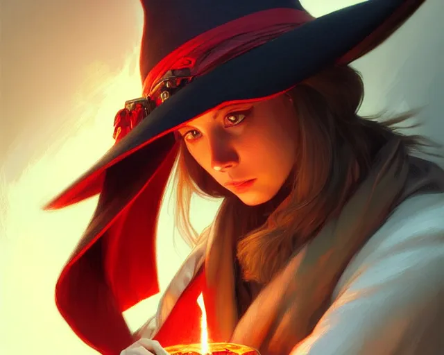 Image similar to red hat wizard, holding a torch, deep focus, d & d, fantasy, intricate, elegant, highly detailed, digital painting, artstation, concept art, matte, sharp focus, illustration, hearthstone, art by artgerm and greg rutkowski and alphonse mucha