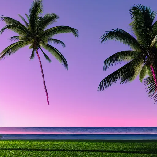 Prompt: palm trees on the beach, green and pink light, by Lagerstedt, Mikko, unreal engine, 4k, 8k