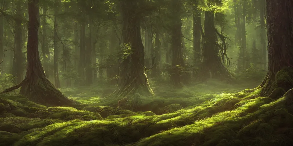 Image similar to a forest, highly detailed oil painting, hyperrealism, cinematic lighting, Studio Ghibli, Jessica Rossier, digital art, octane render, beautiful composition, trending on artstation, masterpiece