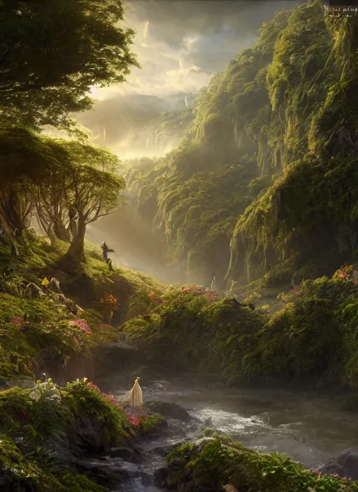 Image similar to in the distance an elegant fairy with wings of lace in a lord of the rings scenery landscape, a vast lush valley flowers and wood structures, stream, sunrise, god's rays highly detailed, vivid color, cinematic lighting, perfect composition, 8 k, gustave dore, derek zabrocki, greg rutkowski, belsinski, octane render