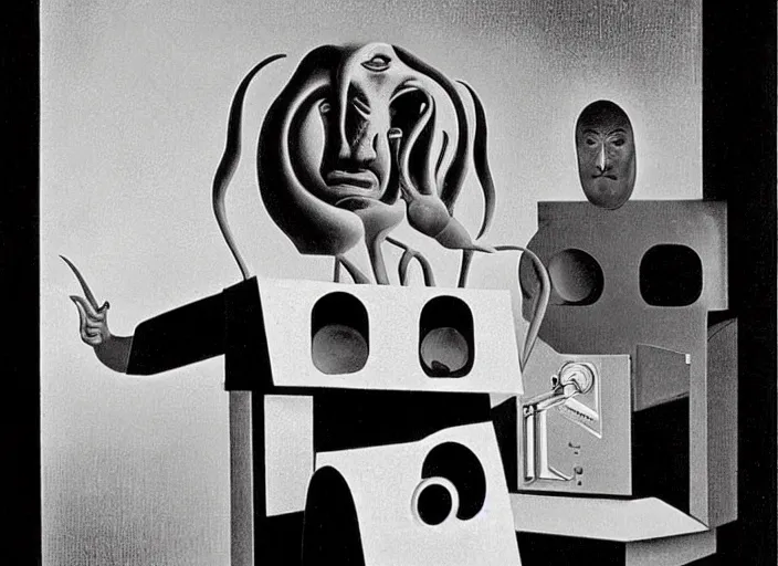 Image similar to strange machine making copies of weird small beings by salvadore dali and rene magritte