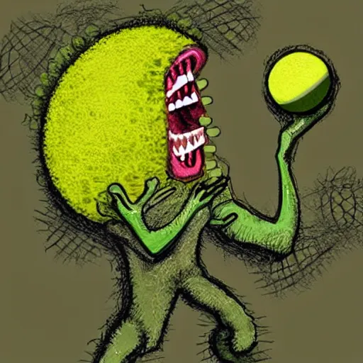 Image similar to a tennis ball monster shrugging shrug , digital art, fantasy, magic, trending on artstation, ultra detailed, professional illustration by Basil Gogos